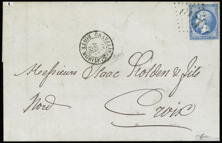 N°22 OBL GC 1710 + T15 "Gravelines boite mobile" (1866) sur lettre, ind 22. TB