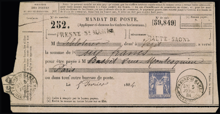 Mandat de poste Sage bleu sans valeur indiquée (SAG P1) chiffre 83 OBL Fresne St Mamès Haute-Saône (1884). TB