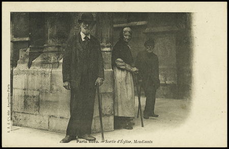Paris vécu - Sortie d'église. Mendiants - la carte postale la plus rare de la célèbre série Paris vécu (Neudin n°70). RR et TB