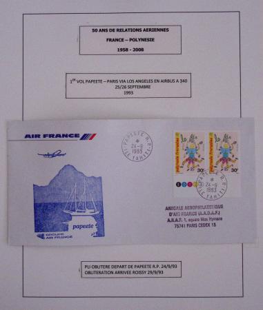 Collection de 14 lettres sur feuilles d'album : 50 ans de relations aériennes France-Polynésie 1958 - 2008 dont lettre Roissy-Tahiti par Concorde le 23.7.85 avec signature du premier ministre Laurent fabius. TB