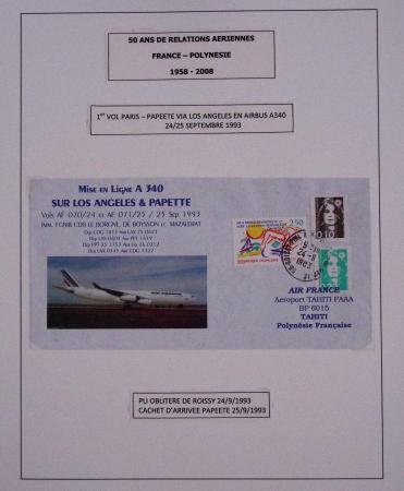 Collection de 14 lettres sur feuilles d'album : 50 ans de relations aériennes France-Polynésie 1958 - 2008 dont lettre Roissy-Tahiti par Concorde le 23.7.85 avec signature du premier ministre Laurent fabius. TB