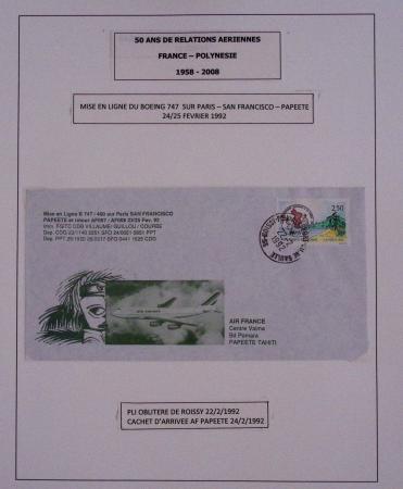 Collection de 14 lettres sur feuilles d'album : 50 ans de relations aériennes France-Polynésie 1958 - 2008 dont lettre Roissy-Tahiti par Concorde le 23.7.85 avec signature du premier ministre Laurent fabius. TB