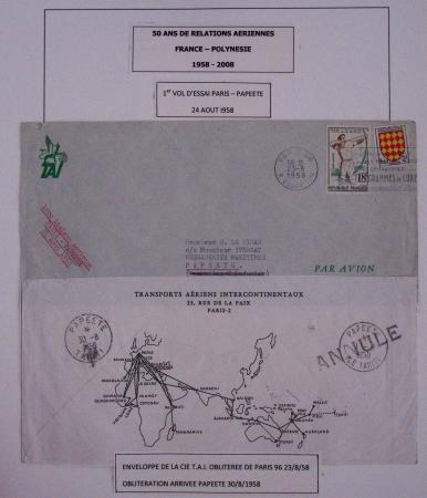 Collection de 14 lettres sur feuilles d'album : 50 ans de relations aériennes France-Polynésie 1958 - 2008 dont lettre Roissy-Tahiti par Concorde le 23.7.85 avec signature du premier ministre Laurent fabius. TB
