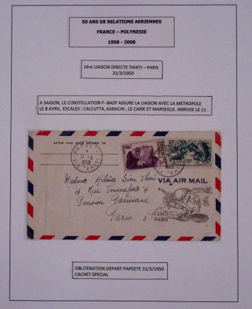 Collection de 14 lettres sur feuilles d'album : 50 ans de relations aériennes France-Polynésie 1958 - 2008 dont lettre Roissy-Tahiti par Concorde le 23.7.85 avec signature du premier ministre Laurent fabius. TB