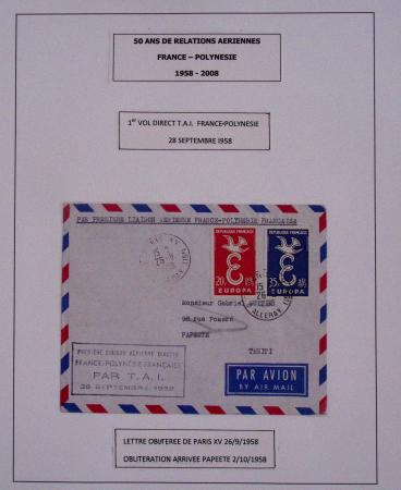 Collection de 14 lettres sur feuilles d'album : 50 ans de relations aériennes France-Polynésie 1958 - 2008 dont lettre Roissy-Tahiti par Concorde le 23.7.85 avec signature du premier ministre Laurent fabius. TB