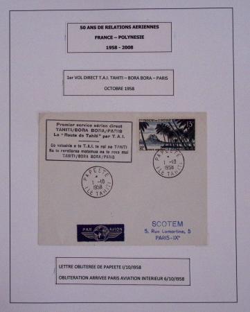 Collection de 14 lettres sur feuilles d'album : 50 ans de relations aériennes France-Polynésie 1958 - 2008 dont lettre Roissy-Tahiti par Concorde le 23.7.85 avec signature du premier ministre Laurent fabius. TB