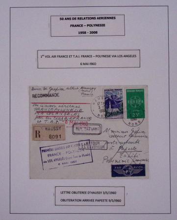 Collection de 14 lettres sur feuilles d'album : 50 ans de relations aériennes France-Polynésie 1958 - 2008 dont lettre Roissy-Tahiti par Concorde le 23.7.85 avec signature du premier ministre Laurent fabius. TB