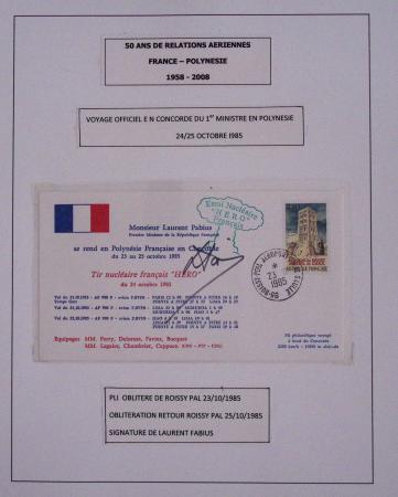 Collection de 14 lettres sur feuilles d'album : 50 ans de relations aériennes France-Polynésie 1958 - 2008 dont lettre Roissy-Tahiti par Concorde le 23.7.85 avec signature du premier ministre Laurent fabius. TB