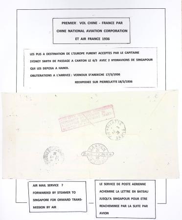 Chine PA13 +PA15 + PA18 sur env recommandée illustrée avec carte géographique verte "par avion - first flight China - Europe by China aviation corporation & Air France" (Muller n°76 - vol Canton Fort Boyard Hanoï Europe)