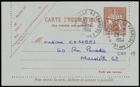Carte-lettre pneu 1F25 Chaplain OBL "Marseille St Ferréol" (29.2.1964), dernier jour du service pneumatique à Marseille. RR et TB