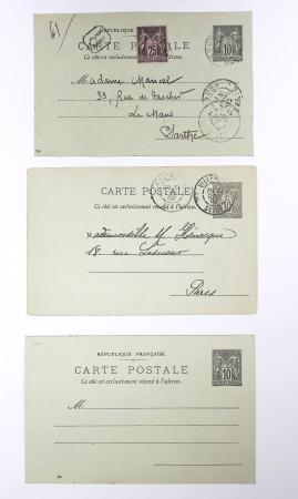 Ensemble de 40 entiers cartes postales 10c Sage avec illustrations à la main au verso sur divers thèmes : femmes, vœux, nouvel an, paysages, soldats (grandes manœuvres), animaux, enfants, humour etc