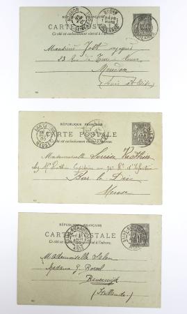 Ensemble de 40 entiers cartes postales 10c Sage avec illustrations à la main au verso sur divers thèmes : femmes, vœux, nouvel an, paysages, soldats (grandes manœuvres), animaux, enfants, humour etc