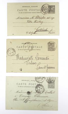 Ensemble de 40 entiers cartes postales 10c Sage avec illustrations à la main au verso sur divers thèmes : femmes, vœux, nouvel an, paysages, soldats (grandes manœuvres), animaux, enfants, humour etc