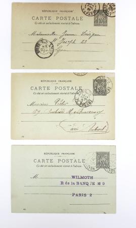 Ensemble de 40 entiers cartes postales 10c Sage avec illustrations à la main au verso sur divers thèmes : femmes, vœux, nouvel an, paysages, soldats (grandes manœuvres), animaux, enfants, humour etc
