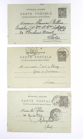 Ensemble de 40 entiers cartes postales 10c Sage avec illustrations à la main au verso sur divers thèmes : femmes, vœux, nouvel an, paysages, soldats (grandes manœuvres), animaux, enfants, humour etc