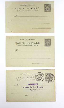 Ensemble de 40 entiers cartes postales 10c Sage avec illustrations à la main au verso sur divers thèmes : femmes, vœux, nouvel an, paysages, soldats (grandes manœuvres), animaux, enfants, humour etc