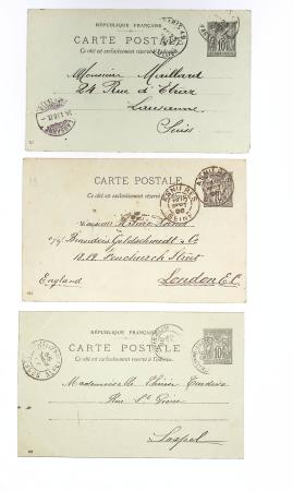 Ensemble de 40 entiers cartes postales 10c Sage avec illustrations à la main au verso sur divers thèmes : femmes, vœux, nouvel an, paysages, soldats (grandes manœuvres), animaux, enfants, humour etc