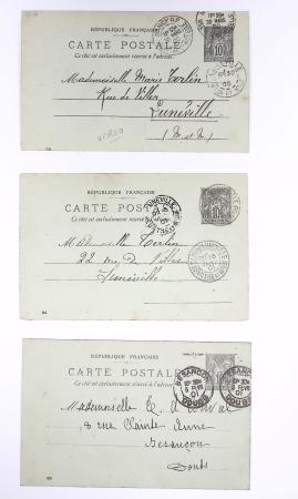 Ensemble de 40 entiers cartes postales 10c Sage avec illustrations à la main au verso sur divers thèmes : femmes, vœux, nouvel an, paysages, soldats (grandes manœuvres), animaux, enfants, humour etc