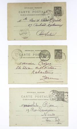 Ensemble de 40 entiers cartes postales 10c Sage avec illustrations à la main au verso sur divers thèmes : femmes, vœux, nouvel an, paysages, soldats (grandes manœuvres), animaux, enfants, humour etc