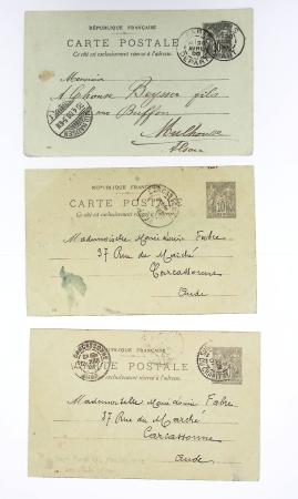 Ensemble de 40 entiers cartes postales 10c Sage avec illustrations à la main au verso sur divers thèmes : femmes, vœux, nouvel an, paysages, soldats (grandes manœuvres), animaux, enfants, humour etc