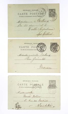 Ensemble de 40 entiers cartes postales 10c Sage avec illustrations à la main au verso sur divers thèmes : femmes, vœux, nouvel an, paysages, soldats (grandes manœuvres), animaux, enfants, humour etc