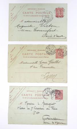 Lot de 57 entiers cartes postales 10c semeuse lignée rose avec illustrations dessinées ou peintes à la main. TB