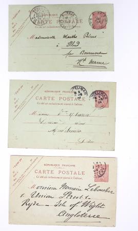 Lot de 57 entiers cartes postales 10c semeuse lignée rose avec illustrations dessinées ou peintes à la main. TB