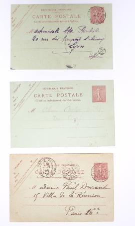 Lot de 57 entiers cartes postales 10c semeuse lignée rose avec illustrations dessinées ou peintes à la main. TB