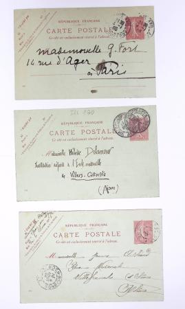 Lot de 57 entiers cartes postales 10c semeuse lignée rose avec illustrations dessinées ou peintes à la main. TB