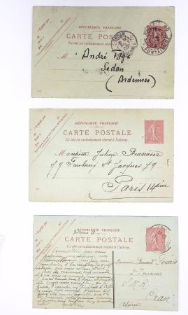 Lot de 57 entiers cartes postales 10c semeuse lignée rose avec illustrations dessinées ou peintes à la main. TB