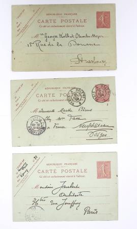 Lot de 57 entiers cartes postales 10c semeuse lignée rose avec illustrations dessinées ou peintes à la main. TB