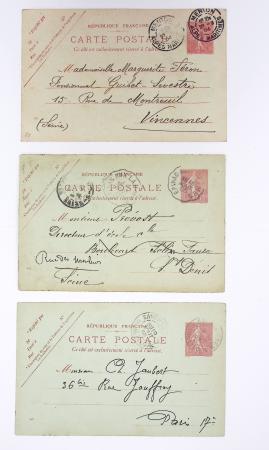 Lot de 57 entiers cartes postales 10c semeuse lignée rose avec illustrations dessinées ou peintes à la main. TB
