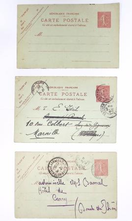 Lot de 57 entiers cartes postales 10c semeuse lignée rose avec illustrations dessinées ou peintes à la main. TB