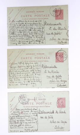 Lot de 57 entiers cartes postales 10c semeuse lignée rose avec illustrations dessinées ou peintes à la main. TB