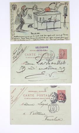 Lot de 57 entiers cartes postales 10c semeuse lignée rose avec illustrations dessinées ou peintes à la main. TB