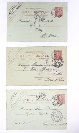 Lot de 57 entiers cartes postales 10c semeuse lignée rose avec illustrations dessinées ou peintes à la main. TB