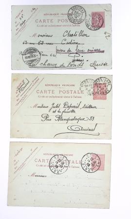 Lot de 57 entiers cartes postales 10c semeuse lignée rose avec illustrations dessinées ou peintes à la main. TB