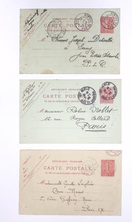 Lot de 57 entiers cartes postales 10c semeuse lignée rose avec illustrations dessinées ou peintes à la main. TB
