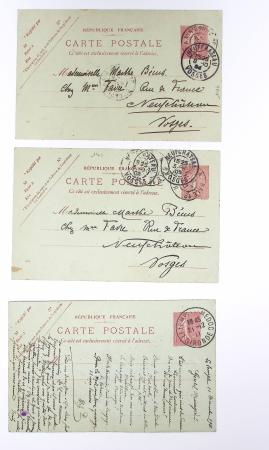 Lot de 57 entiers cartes postales 10c semeuse lignée rose avec illustrations dessinées ou peintes à la main. TB