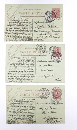 Lot de 57 entiers cartes postales 10c semeuse lignée rose avec illustrations dessinées ou peintes à la main. TB
