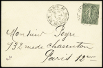 N°130, 15c vert gris, OBL CAD "Paris 31 R. de Bourgogne" (2.4.03 - vente anticipée) sur une petite lettre. Est jointe une carte postale en couleurs avec une grande vignette du 15c vert-gris. TB