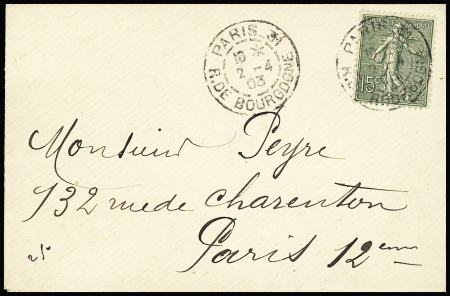 N°130, 15c vert gris, OBL CAD "Paris 31 R. de Bourgogne" (2.4.03 - vente anticipée) sur une petite lettre. Est jointe une carte postale en couleurs avec une grande vignette du 15c vert-gris. TB