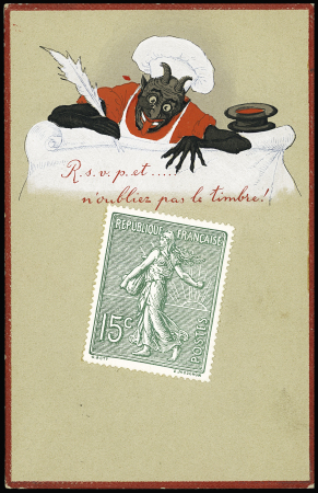 N°130, 15c vert gris, OBL CAD "Paris 31 R. de Bourgogne" (2.4.03 - vente anticipée) sur une petite lettre. Est jointe une carte postale en couleurs avec une grande vignette du 15c vert-gris. TB