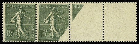 N°130 type 4, bande de 4 avec belle variété d'absence d'impression affectant 3 timbres. TB