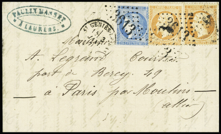 N°23 40c Empire dentelé non lauré + n°45 OBL GC 3613 + T16 St Geniès le Bas (33) (3 janv 71) sur Boule de Moulins, AFF RR et TB