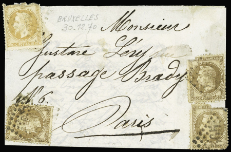 N°28 + 30, 3 pièces OBL GC 2565 seul de Moulins sur Allier sur Boule de Moulins datée de Bruxelles, les timbres présentent des défauts mais affranchissement et provenance très rares