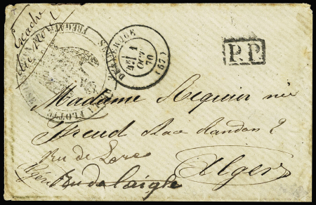Lettre avec CAD T17 "Dunkerque (57)" (1 oct 70) + "PP" noir encadré + cachet noir avec aigle "Service de la flotte frégate la valeureuse". TB