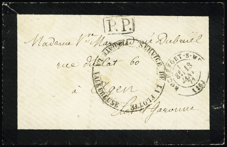 Lettre de deuil avec T17 "Rochefort-s-Mer" (13 janv 71) avec cachet noir avec centre évidé "Service de la flotte frégate la valeureuse" + "PP" encadré noir. TB