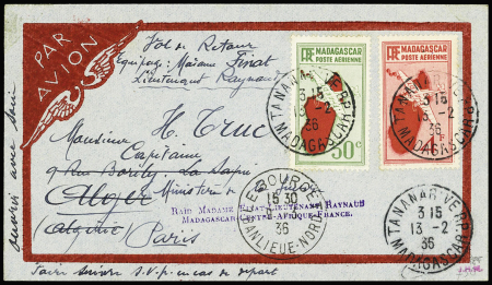 13/2 - 9/3 1936. Tananarive Paris. Lettre avec petite griffe violette "Raid Madame Finat - Lieutenant Raynaud Madagascar Centre Afrique France" et arrivée Le Bourget au recto (M74). Rare et TB