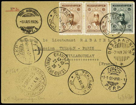 21-12 / 21-1 1925 Téhéran - Bagdad - Alep - Péra - Salonique - Athènes - Lyon - Paris par escadrille française du lieutenant Rabatel avec arrivée Chaville et CAD des escales. RR et TB